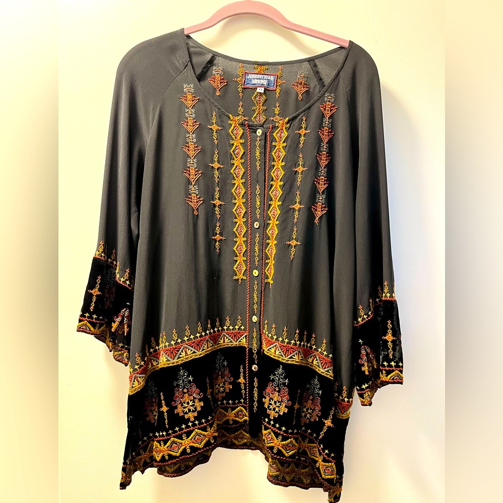 Johnny Was Vika Mixed-Media Velvet and Silk Blouse